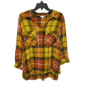 EST. 1946 Plaid Popover Blouse Mustard Orange Olive Green Plus Size 18/20W